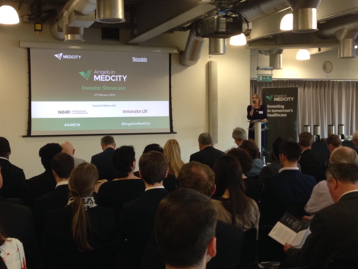 MedCityHQ's tweet photo. We've got a full house here at the first #aimc19 pitching event - 5 exciting #MedTech companies about to hit the stage @AngelsInMedCity https://t.co/g4IlJSPYSI