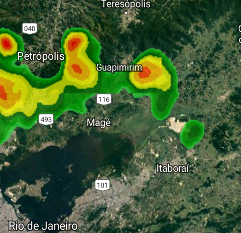 COItaborai's tweet photo. Já temos núcleos de chuva atuando na região Serrana e Baixada Fluminense, já chove fraco em Sambaetiba, há previsão de chuva de moderada a forte para as próximas horas. https://t.co/dHsgJCRpIq