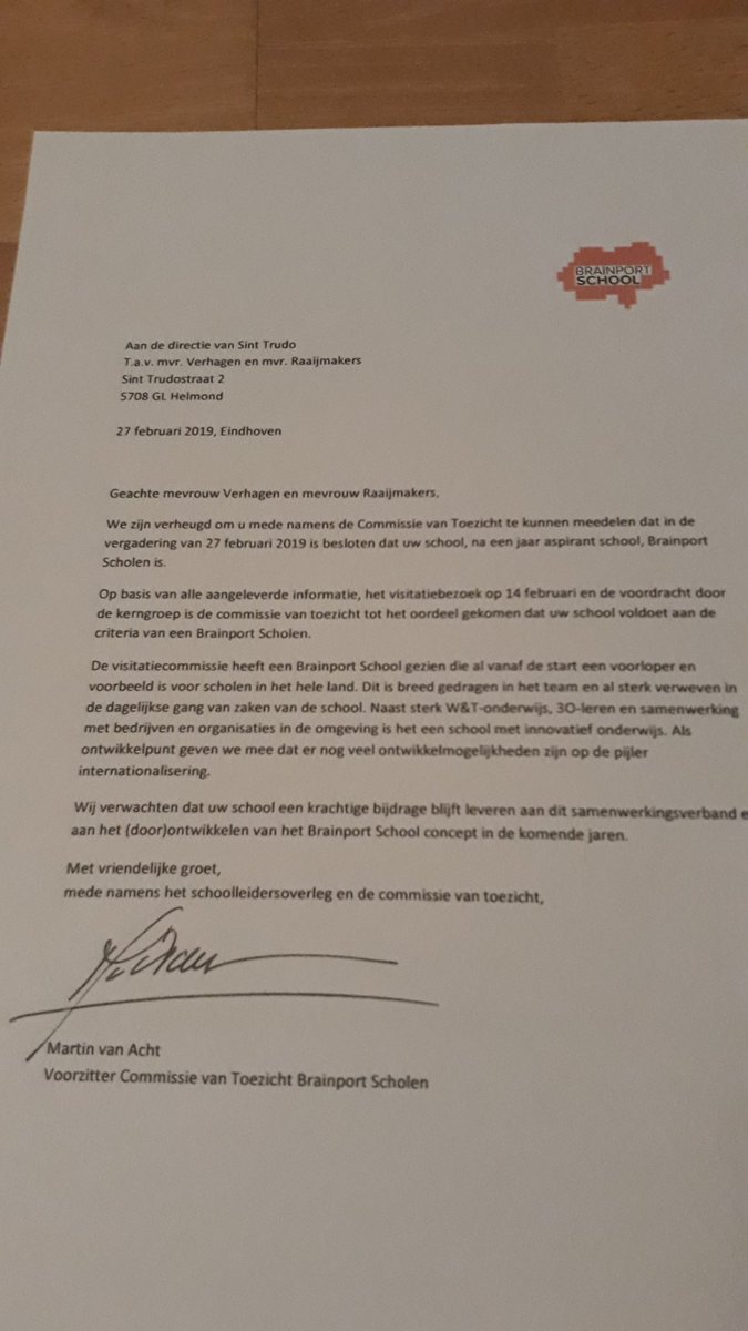 Vanaf vandaag is <a href="/trudoschool/">trudoschool stiphout</a> een Brainportschool. Voorloper, landelijk voorbeeld, breed gedragen en verweven W&amp;T, 3-O, samenwerking en innovatief onderwijs. #trots #allesvoordekids