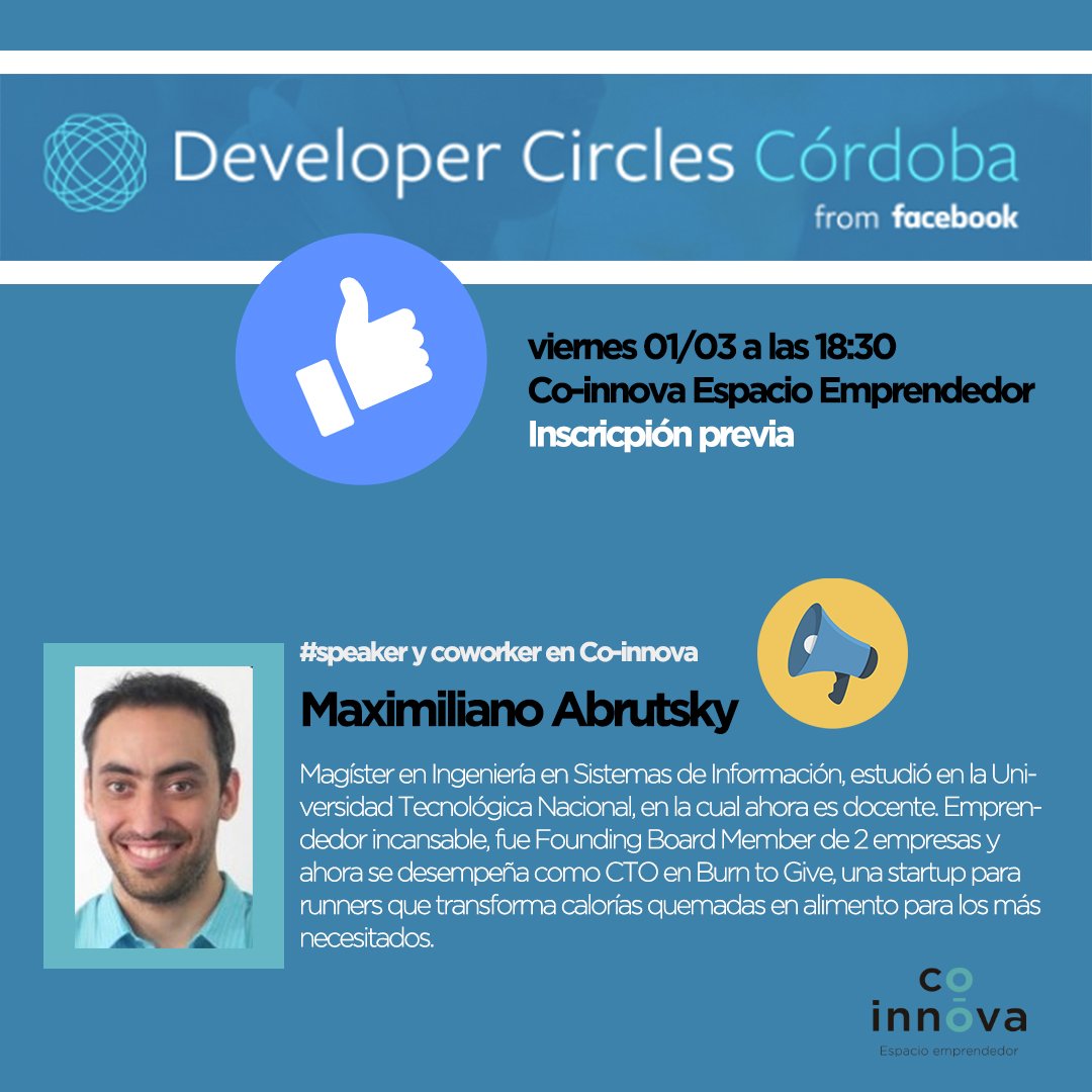 El 1er evento de 2019 de #Facebook #Developer Circle Córdoba: Stories Session se hace en <a href="/coinnova_ok/">Co-innova Espacio Emprendedor</a> 🙌 historias de éxito que inspiran a la acción. Speakers: Marcos Carranza y Maximiliano Abrutsky #coworker de Co-innova 👊