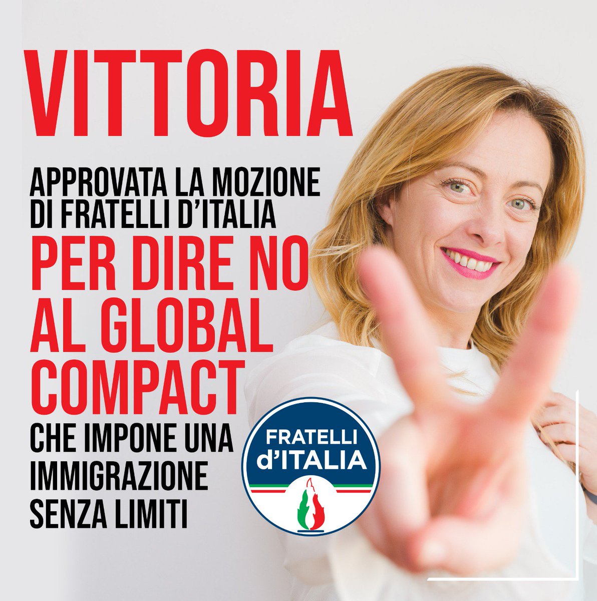 🔵VITTORIA! 
Nonostante l’astensione del M5S e della Lega, passa la mozione di Fratelli d’Italia che impegna il governo a dire NO al #GlobalCompact. 
Finalmente ce l’abbiamo fatta: NESSUNA INVASIONE in Italia. L’immigrazione non sarà mai un diritto fondamentale!