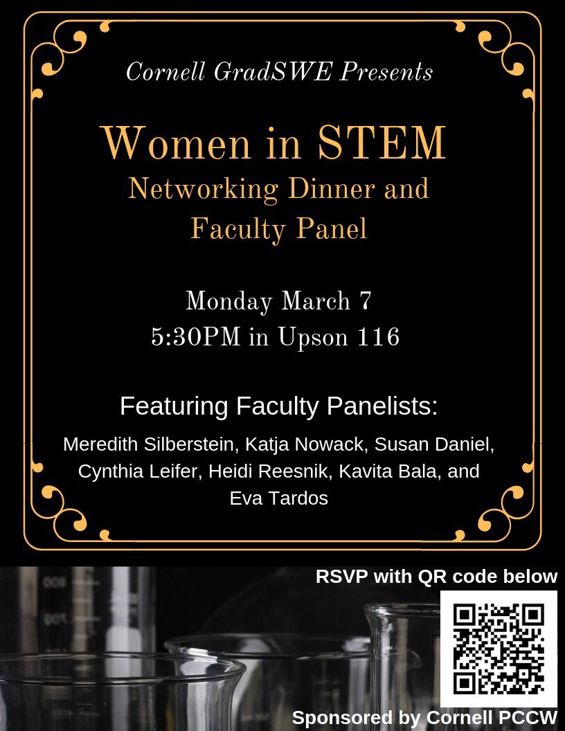 Next week, we will be hosting a Panel and Networking dinner with women faculty in STEM from @Cornell! RSVP with the QR code below if you want to attend to this amazing event that was funded by a @Cornell_PCCW microgrant to @SWE_grad