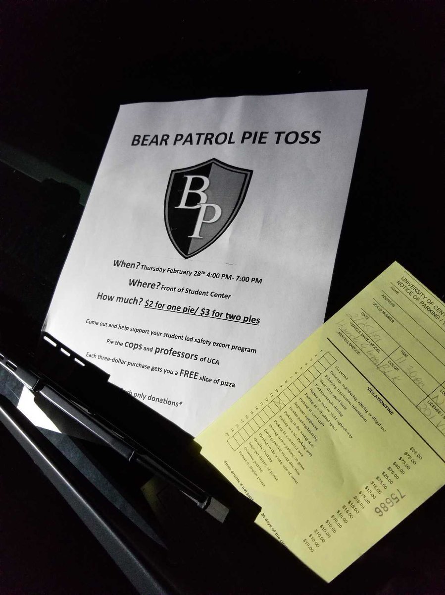 Have you ever received a parking ticket? Want to get revenge? Tomorrow night is the perfect opportunity. Come pie an officer in the face at the Student Center from 4-7. $2 for one pie/$3 for two pies.