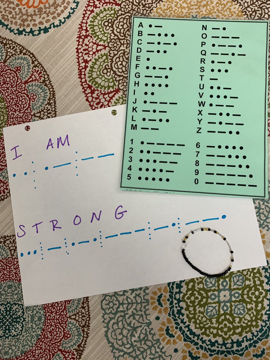 MrsBissler's tweet photo. So excited when creative counseling comes to light! Today, with one of my kiddos created a #MorseCode bracelet with a special message that only they know! Plus, they are cougar colors! #SchoolCounselor #SchoolCounseling #CreativeCounseling @MPEScougars @MPCSVA https://t.co/ZgnKgVABYt