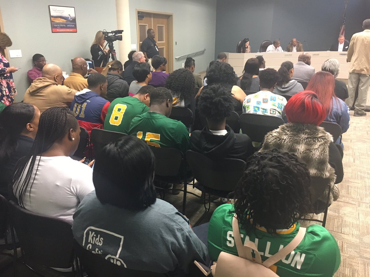 TheoWALB's tweet photo. Monroe High protesters packed the Doigherty County School System board meeting this morning. 

They want head basketball coach Keith Hayes to be retained. Protesters heard his job is in jeopardy following all of Monroe’s wins being vacated due to playing an ineligible athlete. https://t.co/d0tXMLAQl0
