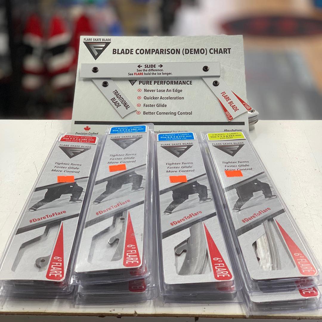 hockeyservices's tweet photo. Dare to flare? Come check out our newest product in the store! Flare Skate Blades are high end replacement steel that offer you better acceleration, faster glides, and better cornering control! We #daretoflare! https://t.co/OKH99gokCb