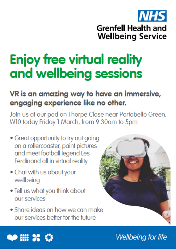 CNWLNHS's tweet photo. Ever been on a rollercoaster? Join our Grenfell Health and Wellbeing Service for free virtual reality and wellbeing sessions at our pop up on Thorpe Close, Portobello Green, W10, this Friday 1 March, 9.30am to 5pm. Poster here:   https://t.co/dVIwX2X1gq @214SPACE @GrenfellSupport https://t.co/c7FGcvK6jh