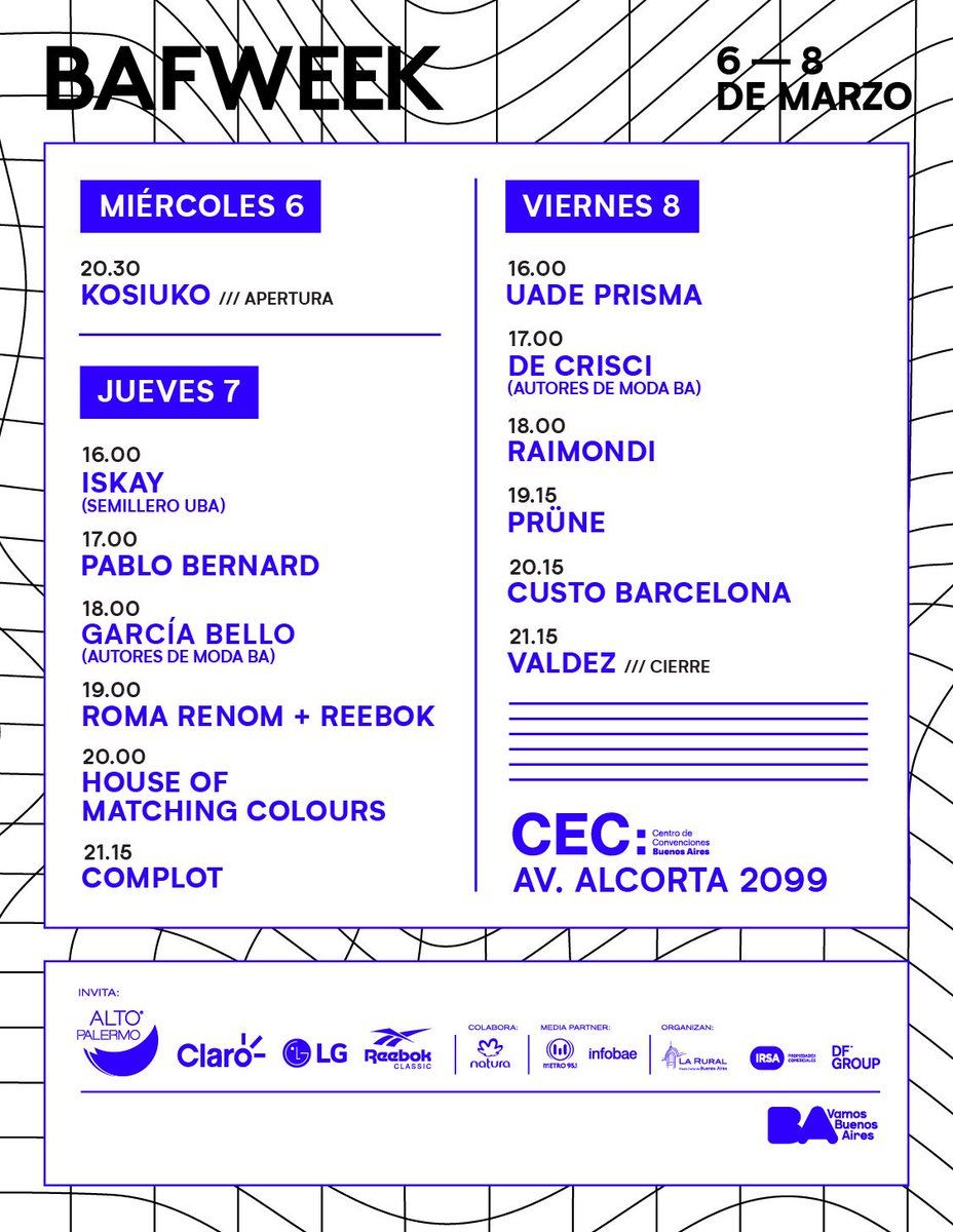 BafweekOficial's tweet photo. BAFWEEK FW19 // Anuncio!
Estas son las firmas que desfilan en esta edición y nuestra grilla de horarios para las actividades de la semana que viene 📅
#BAFWEEK FW19 / 6 al 8 de Marzo / CEC: Centro de Convenciones Buenos Aires https://t.co/8jg1dTKSxU