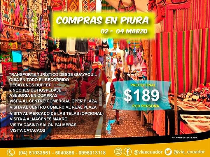 via_ecuador's tweet photo. Buscas que hacer en #Carnaval? Te ofrecemos un destino donde #comprar te resultará muy divertido!
$189 #preciofinal por persona en un tour de 3 días 2 noches a #Piura Salida 02 marzo (sábado) desde #Guayaquil en bus.
@via_ecuador tu pasaporte al mundo! https://t.co/lrYYmfFA1T
