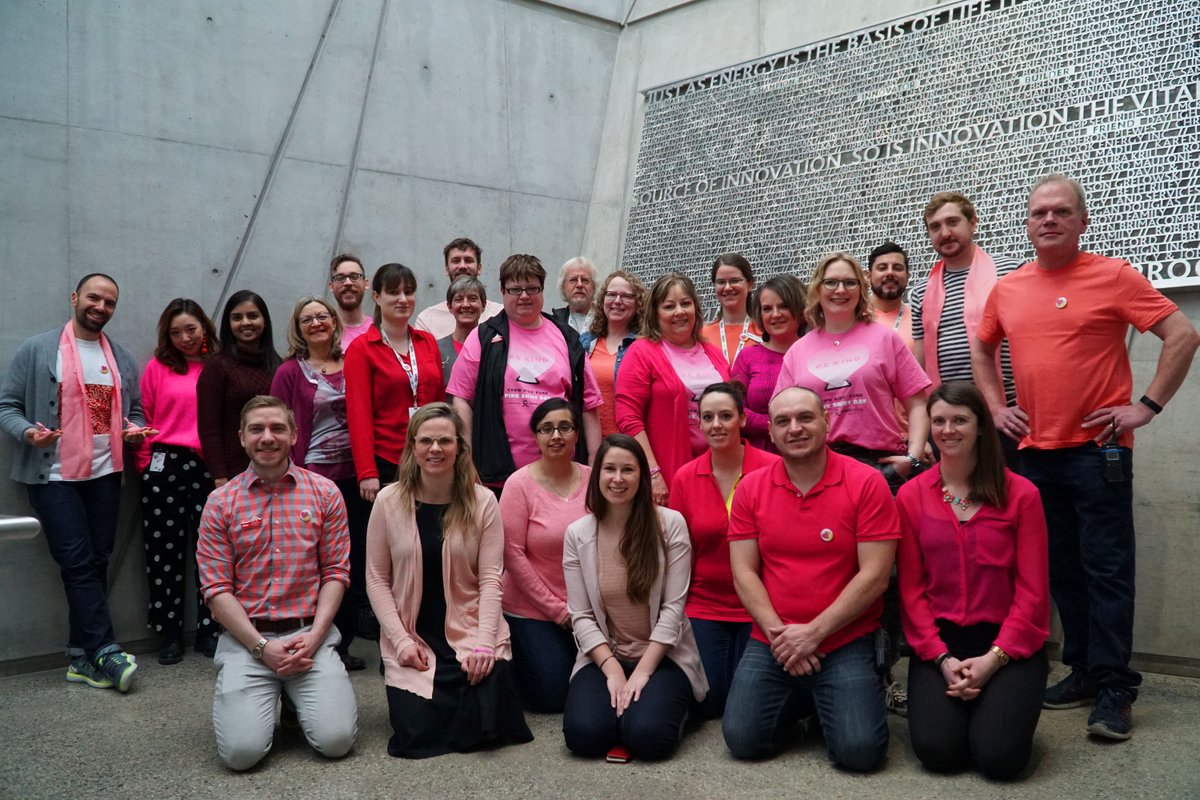 TELUS_Spark's tweet photo. Kindness looks good on you! 💕 TELUS Spark will be lit PINK this evening in support of Anti-Bullying and #PinkShirtDay. Our staff members took a stand dressed in pink as a reminder to #BeKind! #AntiBullying #YYC https://t.co/V1BJWN8qKX