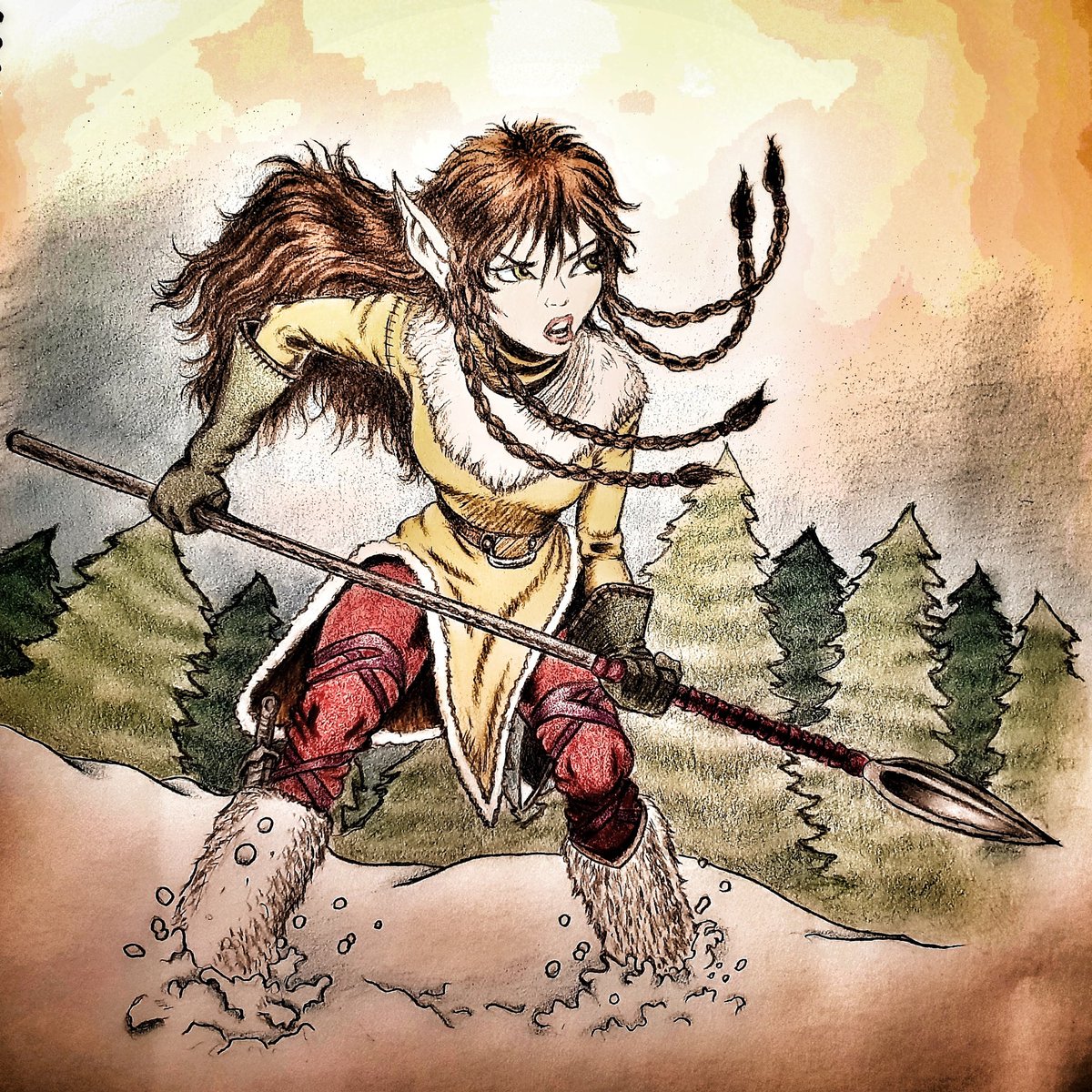 NorskViking1's tweet photo. Kahvi, legendary chief of the Go-Backs, in coloured pencils. This is based on Wendy Pini's original artwork. Elfquest characters are © and TM Warp Graphics. #fortyyearsofpointedears #elfquest #cartoonart #alvefolket #whsmith #elves https://t.co/MdfXDXQSwm