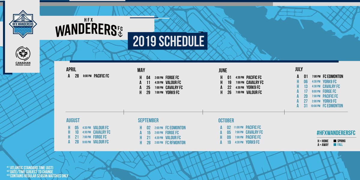 HFXWanderersFC's tweet image. 🌊 14 great days at the Wanderers Grounds!

⚓️ Our #CanPL season schedule is out now. 👏

⚽️ All 28 games are here: bit.ly/2XrHK5D

Details: bit.ly/2TgGO4W

#UTW #COYW #CanPL