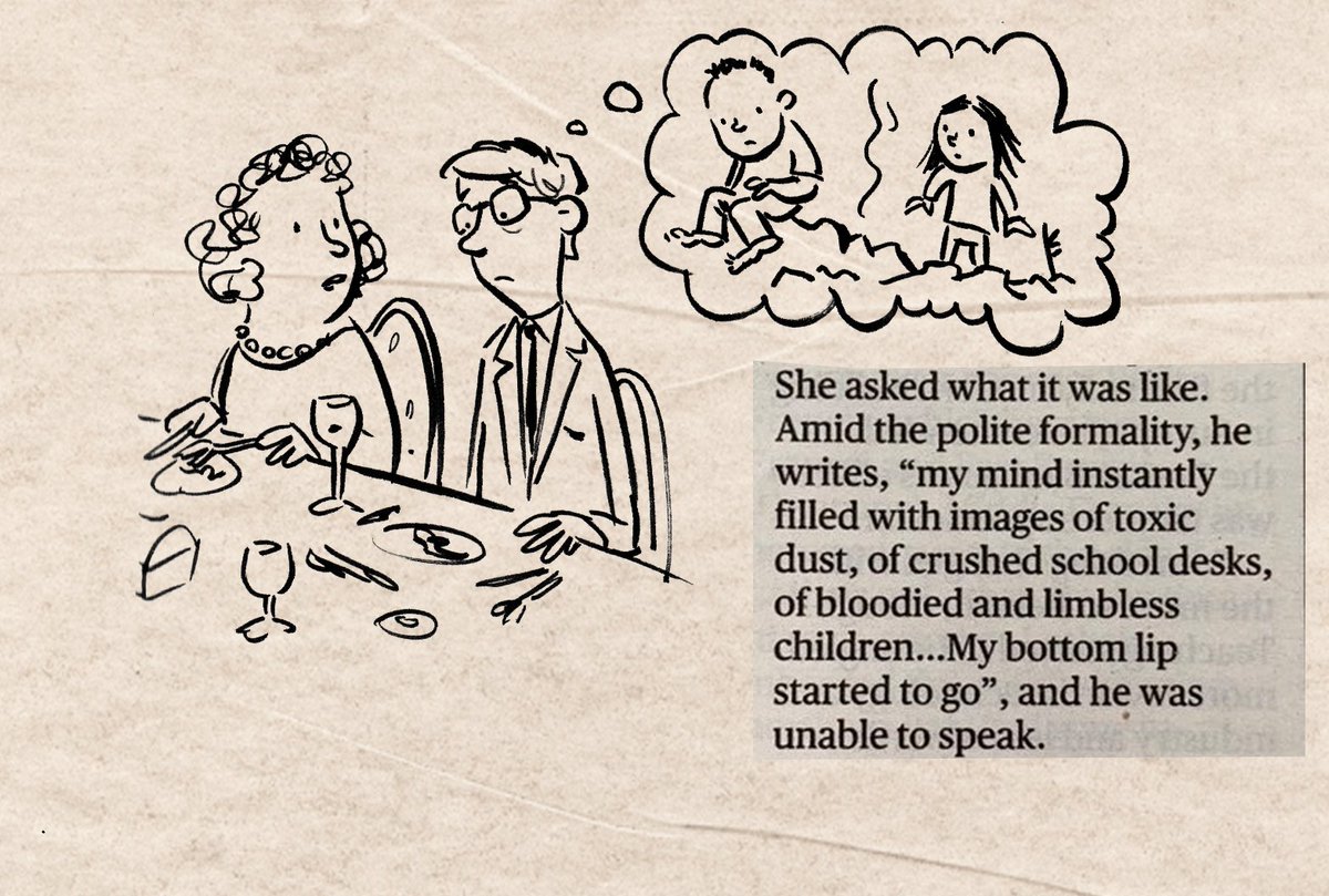 Alexrjpaterson's tweet photo. I have quickly illustrated the lovely story of when War Doctor David Nott had lunch with the Queen while suffering from PTSD. It was found by @rufusjones1 
@jabberworks @bevismusson https://t.co/frW9KawPS5