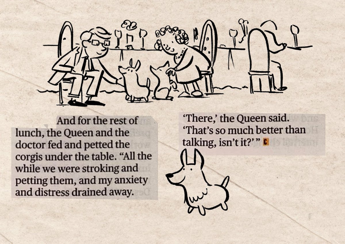 Alexrjpaterson's tweet photo. I have quickly illustrated the lovely story of when War Doctor David Nott had lunch with the Queen while suffering from PTSD. It was found by @rufusjones1 
@jabberworks @bevismusson https://t.co/frW9KawPS5