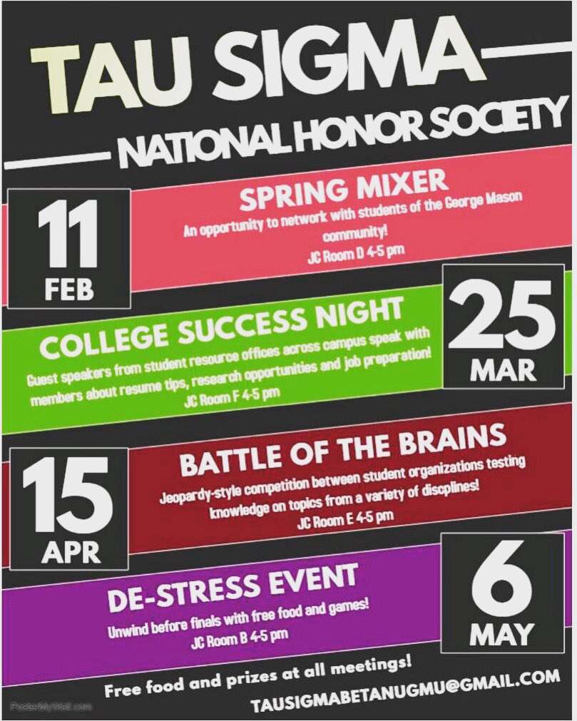 tausigmabetanu's tweet photo. Join Tau Sigma at these events this semester 
There will be free food and prizes at all the meetings! Don’t forget to tell all your transfer friends!

#tausigma #gmu https://t.co/kuOrm7O70J