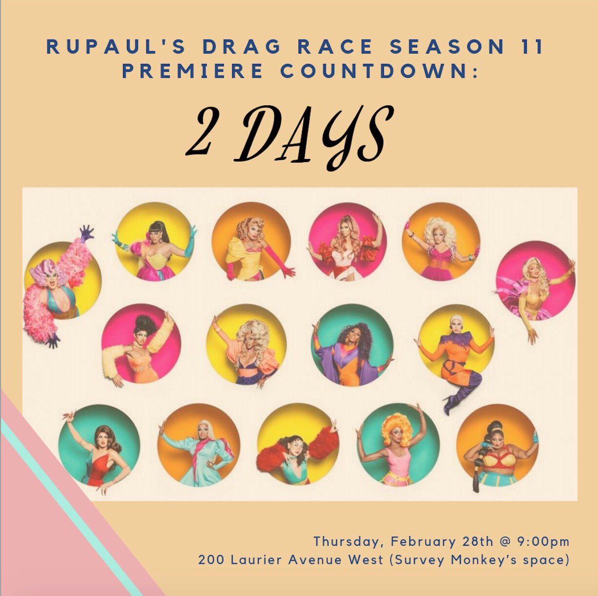 cusagsrc's tweet image. The countdown continues! Only 2 more days until our RuPaul Season 11 Premiere at 200 Laurier West this Thursday at 9:00pm. Don’t miss out! 🏳️‍🌈
•
[image description] RuPaul contestants in the promotion campaign on orange background.