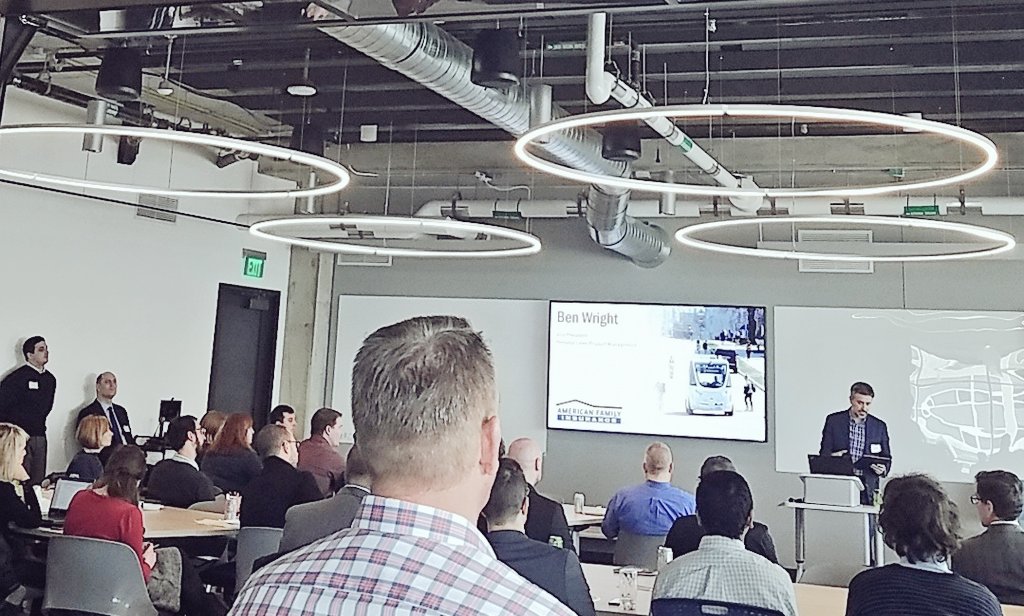 shaynahetzel's tweet photo. @Kris_Canto and @BenjamWright kicking off the Future of Mobility event with @MayorOfMadison, @UWMadison and @amfam leadership all at the #AmFamInstitute #innovate608 #drivethefuture #AutonomousVehicles https://t.co/wv9GxvKelc