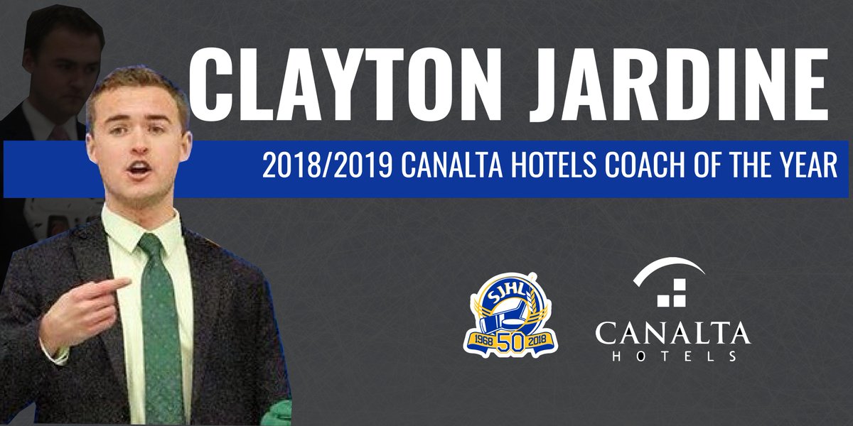 theSJHL's tweet photo. The @CanaltaHotels Coach Of The Year is rookie bench boss Clayton Jardine of the @KlippersHockey. 

Congratulations to Clayton Jardine, the 2018-19 Canalta Hotels Coach Of The Year.

Read more: https://t.co/4YU3haRJ0V https://t.co/CmMLHc7694