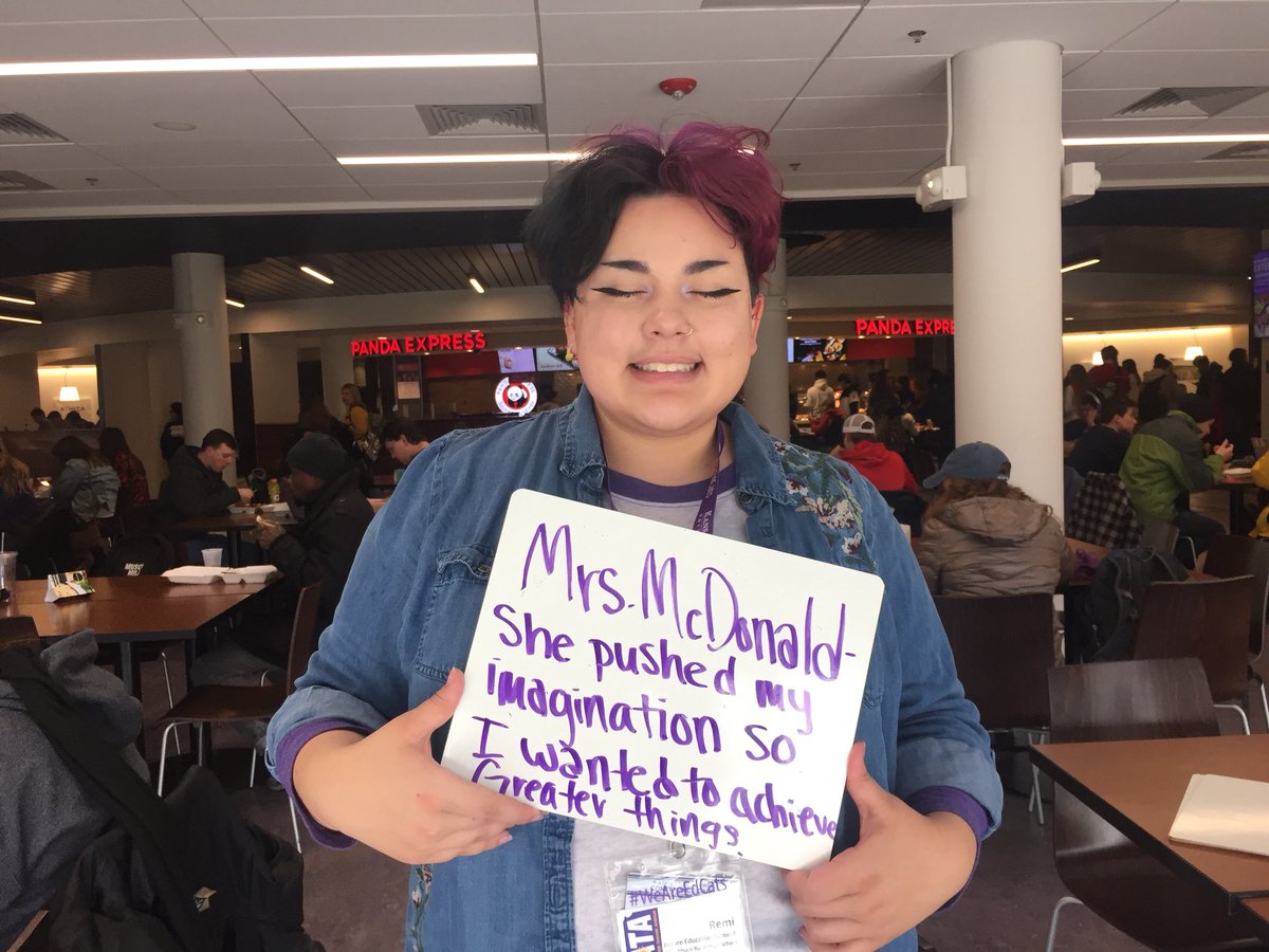 KATAeducators's tweet photo. During lunch students reflected on who inspired them to want to #teach!! Thank you, Jack, Katie, Misty, Sarah, Madeline, Eric, Remi, Keyounce, Janim, Mia, Aaliyia, and McKinley! #KATA2019 🍎📚💜🤩 https://t.co/A9TXNBYvWs