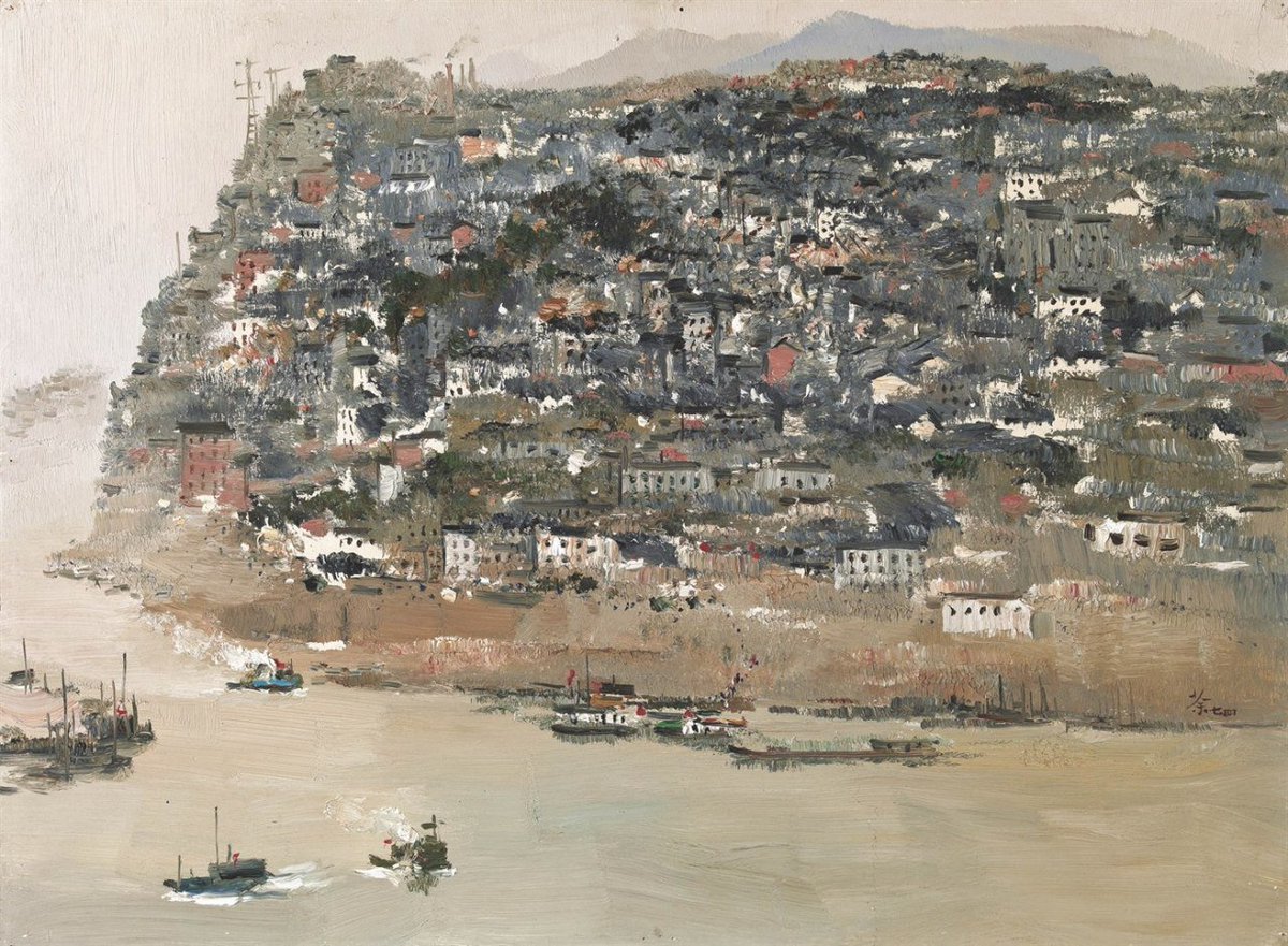 #WuGuanzhong (Chinese, 1919-2010), City Overlooking the Yangtze River, 1974. Oil on board, 45 x 61 cm. #Chinesepainter #paintings