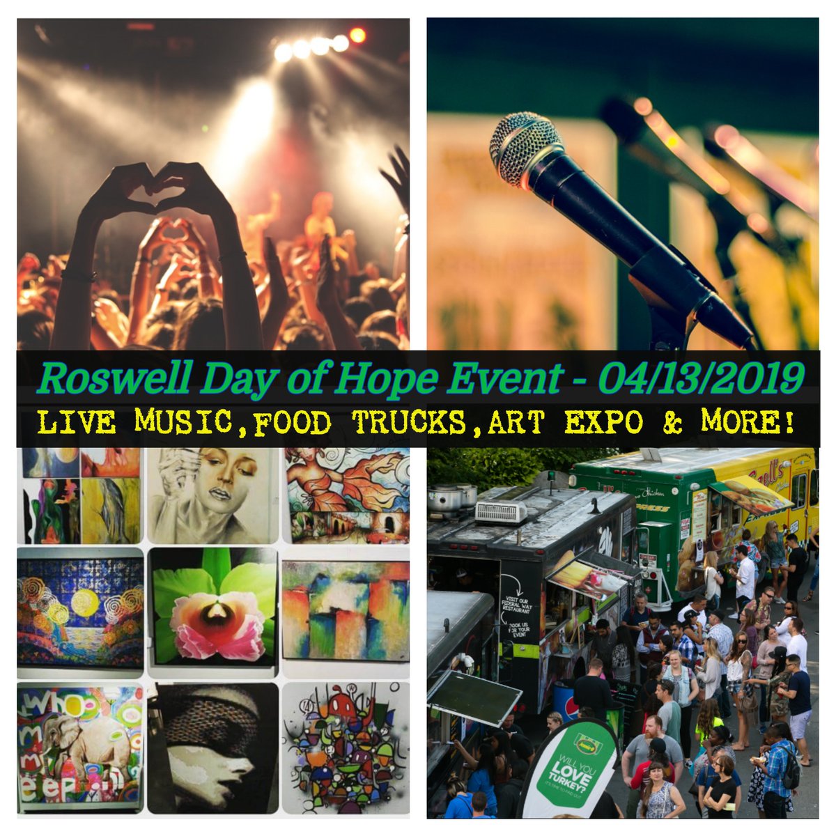 Don't miss out Roswell Day of Hope Event 04/13/19!
We will have LIVE MUSIC, FOOD TRUCKS, ART EXPO &amp; much more! Invite your family, friends, neighbors to this Fun Family event! More info HopeRoswell.org