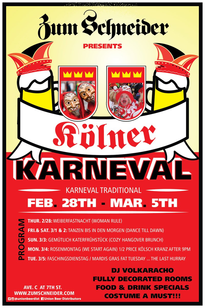 The only German and Cologne Karneval in NYC kicks off with Weiberfastnacht on Thursday, Feb 28 with free Kölsch for the ladies till 8pm!