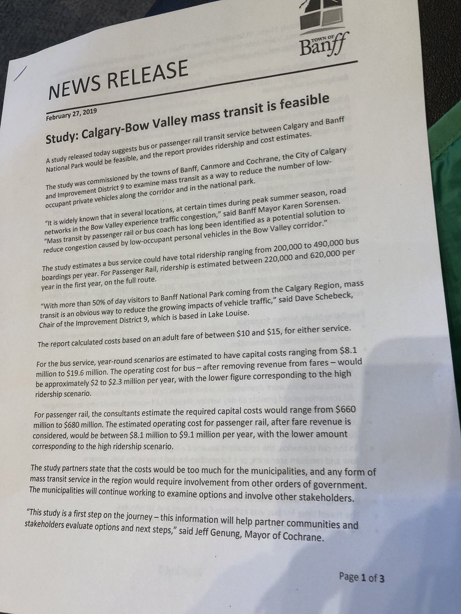CTVShaunF's tweet photo. Officials from @Banff_Town, @TownofCanmore, @cityofcalgary @TownofCochrane and #LakeLouise release study that concludes mass transit by bus and rail is feasible between #yyc and @BanffNP but other govt funding needed. https://t.co/V7PIGQeUld
