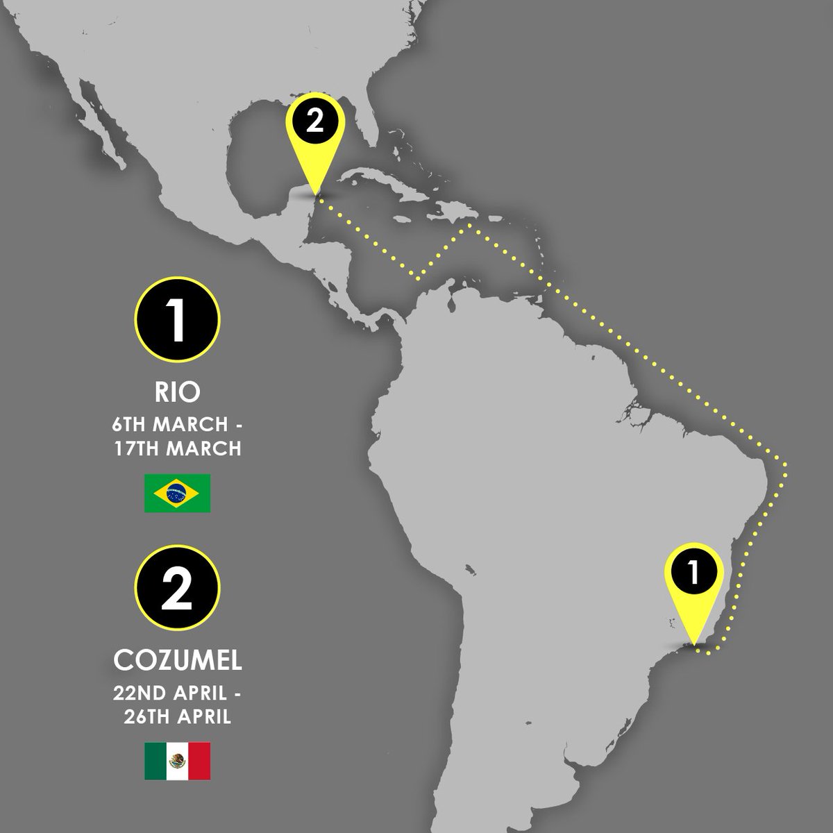 Can't wait to return to Brazil &amp; Mexico!

***Rio de Janeiro***
Wednesday March 6 - Sunday March 17

***Cozumel***
Monday April 22 - Friday April 26
 
See you there!!!