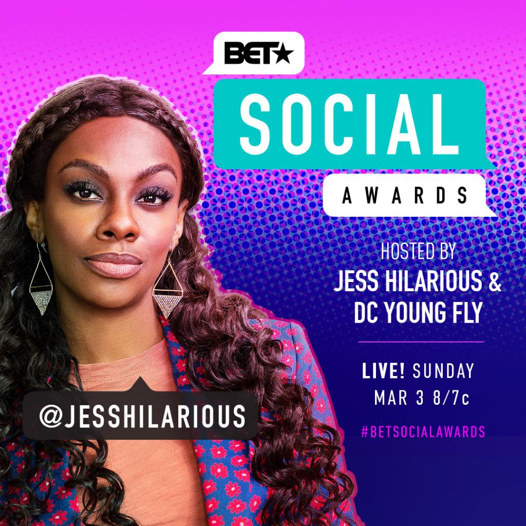 BET's tweet photo. It's going down!! @DCYOUNGFLY  &amp; @jesshilarious will be hosting the 2019 #BETSocialAwards! Don't miss the show THIS SUNDAY LIVE at 8/7c! #WeOwnSocial https://t.co/vA3elzhGAl