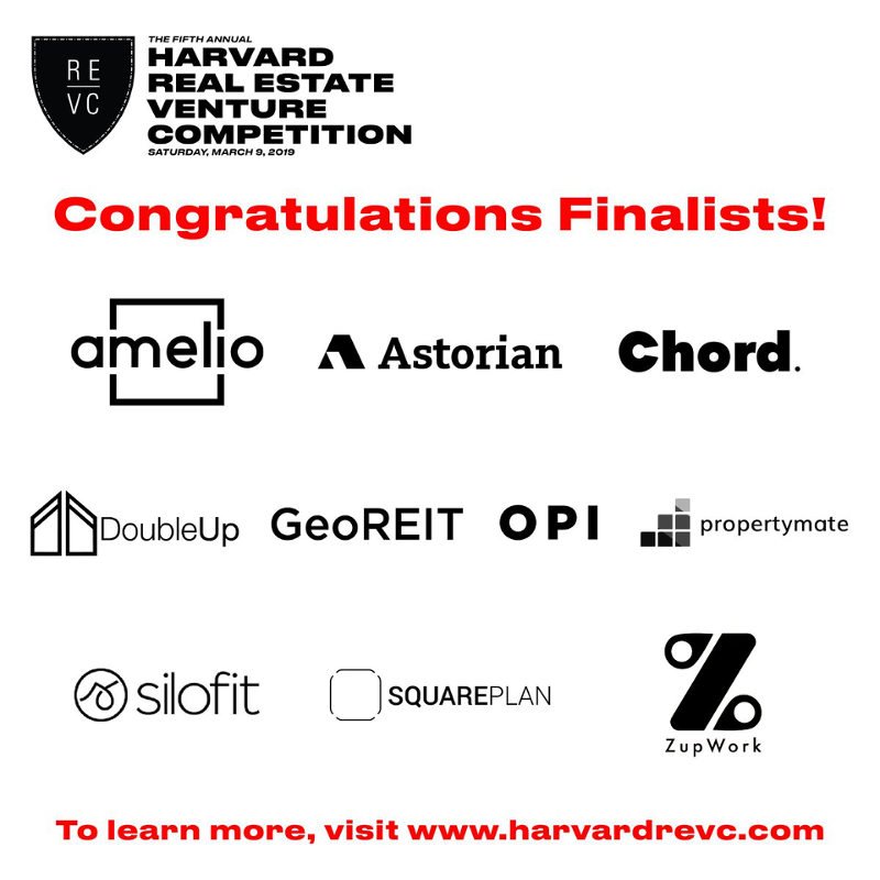 bkinnovation's tweet photo. KUDOS to @trychordnow, @ZupWork, @Propertymatehq, @silofit &amp; @TheSquarePlan for making final round of @HarvardREVC Real Estate Venture Competition 2019! #realestate #proptech #startups https://t.co/9AZhNwMY7T