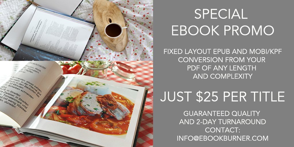 #Cookbooks, #ChildrensBooks  #Coffeetablebooks  #comics  #magazines just $25.00 have your book converted in an eBook. List on all retail outlets.

#authors #writers #amwriting #selfpub #indieauthor #publishing #publishing