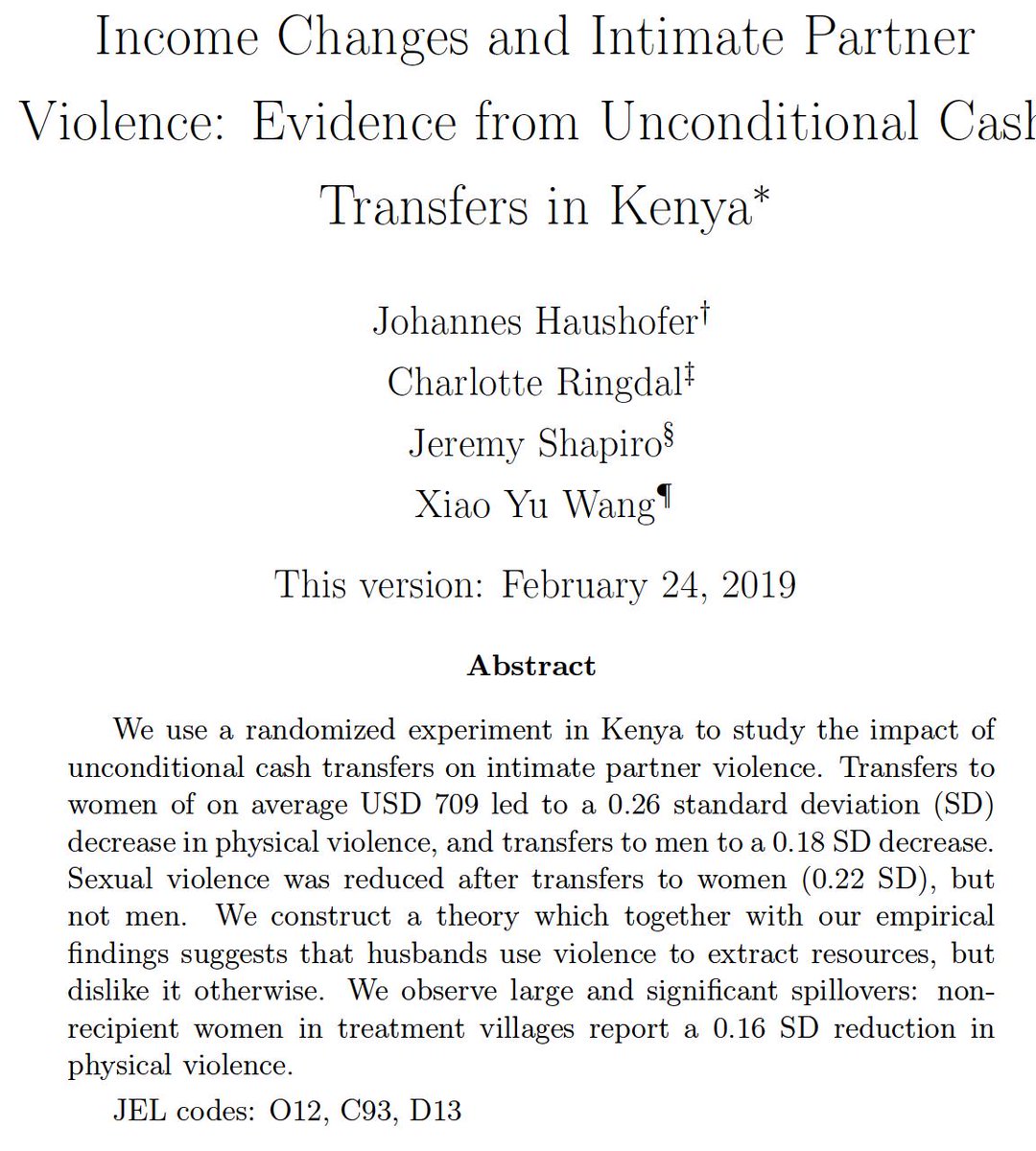 New evidence supports existing evidence that unconditional cash reduces intimate partner violence, both physical & sexual. The effects also spread to the surrounding community to reduce violence in people who didn't even receive it.UBI cultivates PEACE. https://twitter.com/jhaushofer/status/1099896999464321024