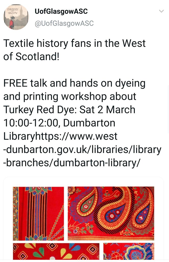 AnitaQuye's tweet photo. Looking for FREE hands-on colour therapy? Come print gorgeous Turkey red patterns inspired by @UofGlasgowASC collections with Dr Shahid @LightFasTR @MSCActions @mshahid96 @UofGArts @UofGCulture and @ClaireTMcDade @UofGlasgow >>> Sat 2 Mar, 10-12 noon, Dumbarton Library <<< https://t.co/CeZ7b4xeBI