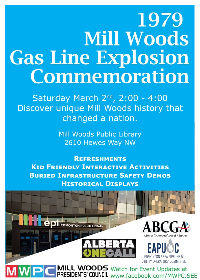 Utility_Safety's tweet photo. This Saturday we will be at the Mill Woods public library to commemorate the Mill Woods gas line explosion This historic event lead to the formation of Alberta One Call. Will you join us? #Alberta #SafetyFirst #damageprevention https://t.co/FDLIfi8UOh