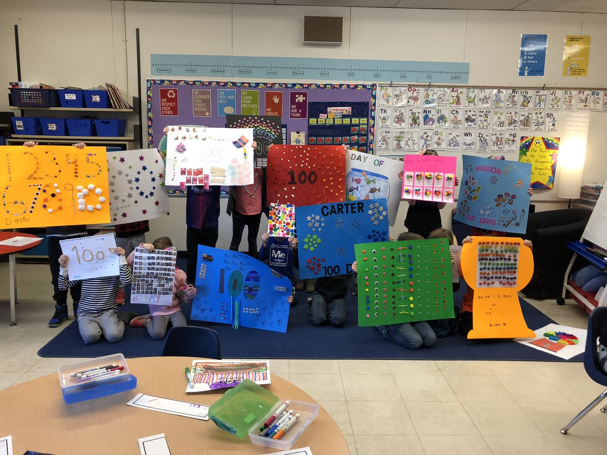 SimondsElem35's tweet photo. Yesterday was the one hundredth day for Div. 6. Love their creative poster representation of one hundred! #hundredthday  #onehundred #mathart https://t.co/Tm9U6TzoTx