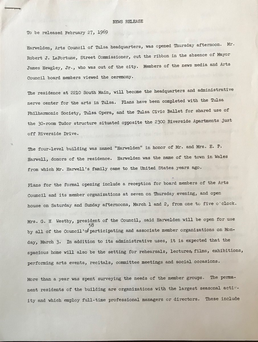 harwelden's tweet photo. 50 years ago today it was announced to the world that the Harwelden Mansion would be the future home of the Arts Council of Tulsa. Below is a picture from the ribbon cutting ceremony and the first page of the press release. #harwellhistory #harweldenmansion #onthisday https://t.co/tj7SnrEiF5