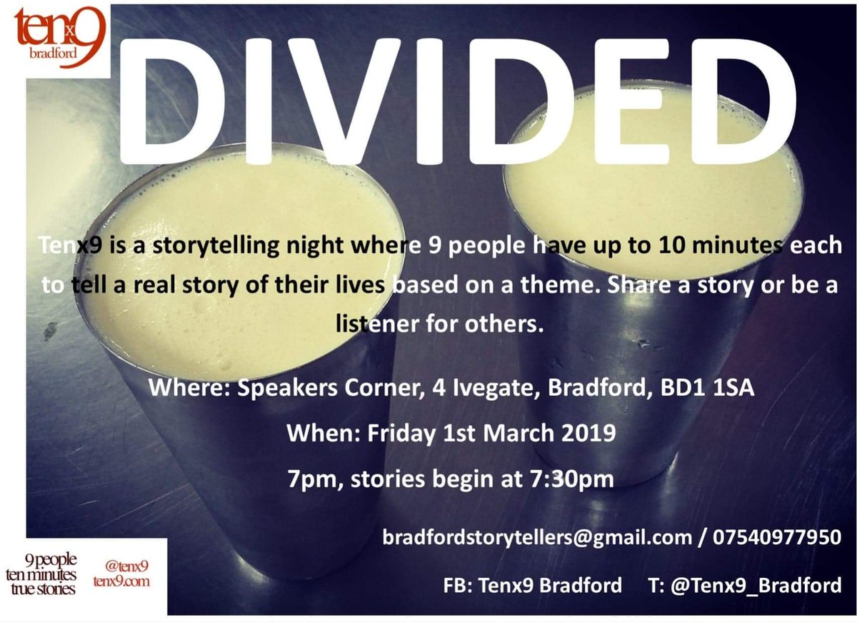 Tenx9Bradford's tweet image. Can you believe it&apos;s nearly March? Join us this Friday for stories of #Devided at @SpeakersCornerC.
9 stories, 10 minutes and an amazing social event. 

Got a story to share? Get in touch, we still have slots left.
All welcome @tenx9