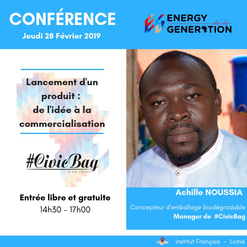 EnergyGenAfrica's tweet photo. [CONFÉRENCE] 📣
J-1⏰
Rejoignez-nous massivement demain à @IFTogo pour la #conférence avec @ametresor, #Manager de #CivicBag 

Inscrivez-vous ➡https://t.co/eyzZtUwDN2 
N'oubliez pas vos pièces d'identité pour accéder à l'Institut Français.
#networking #entrepreneuriat #gestion https://t.co/Lw8AustZwM