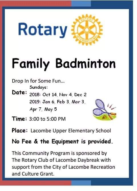 RotaryOfLacombe's tweet photo. Free badminton is coming up THIS SUNDAY, March 3.

Events like the #WineBeerSpiritsTasting help us organize free badminton. https://t.co/8KXCb0Bj1P