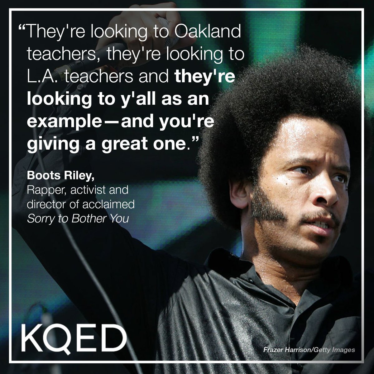 KQED's tweet image. .@BootsRiley joined students, teachers and community activists at the #OUSDStrike in East Oakland. He cheered on protesters, reminding them that they're setting an example for students and teachers across the country and world.
bit.ly/BootsOUSDStrike