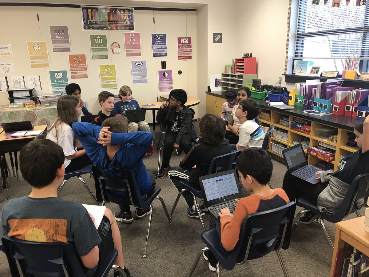Dingereducation's tweet photo. 5th grade Socratic Seminar discussions this week over The Mysterious Benedict Society. Amazed at the higher level thinking of these kids. #Padlet helped us with notes. @VaughnElemFISD @TadlockElem #tadlocklearns #friscoisdGT https://t.co/3xoC3vQwjf