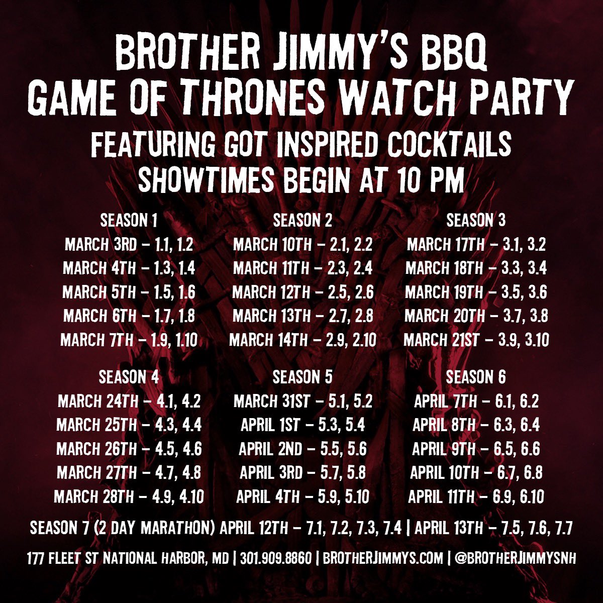 Winter is coming!! Calling all GOT fans, we will be showing all previous seasons and episodes before the Season 8 premiere starting this Sunday at 10p (18+only)! Stay tuned for our featured drink specials!! 🍻 

#GameOfThrones #ThisIsHowYouHarbor #pgcounty #nationalharbor