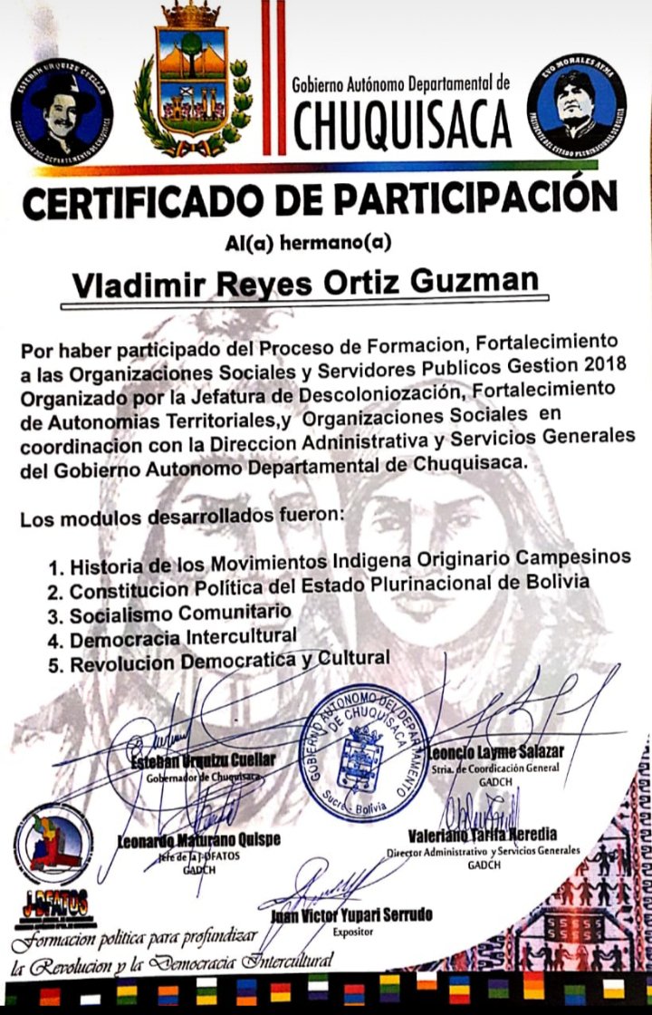 JDFATOS's tweet image. El 08-02-2019 el Secretario General del GADCH Dr. Leoncio Layme, Leonardo Maturano Jefe J-DFATOS y  autoridades de ORGANIZACIONES SOCIALES, entregaron certificados del PRIMER CICLO DE FORMACIÓN 2018.
Dio inicio SEGUNDO CICLO de FORMACIÓN 2019
 Primer Tema AGENDA PATRIÓTICA 2025
