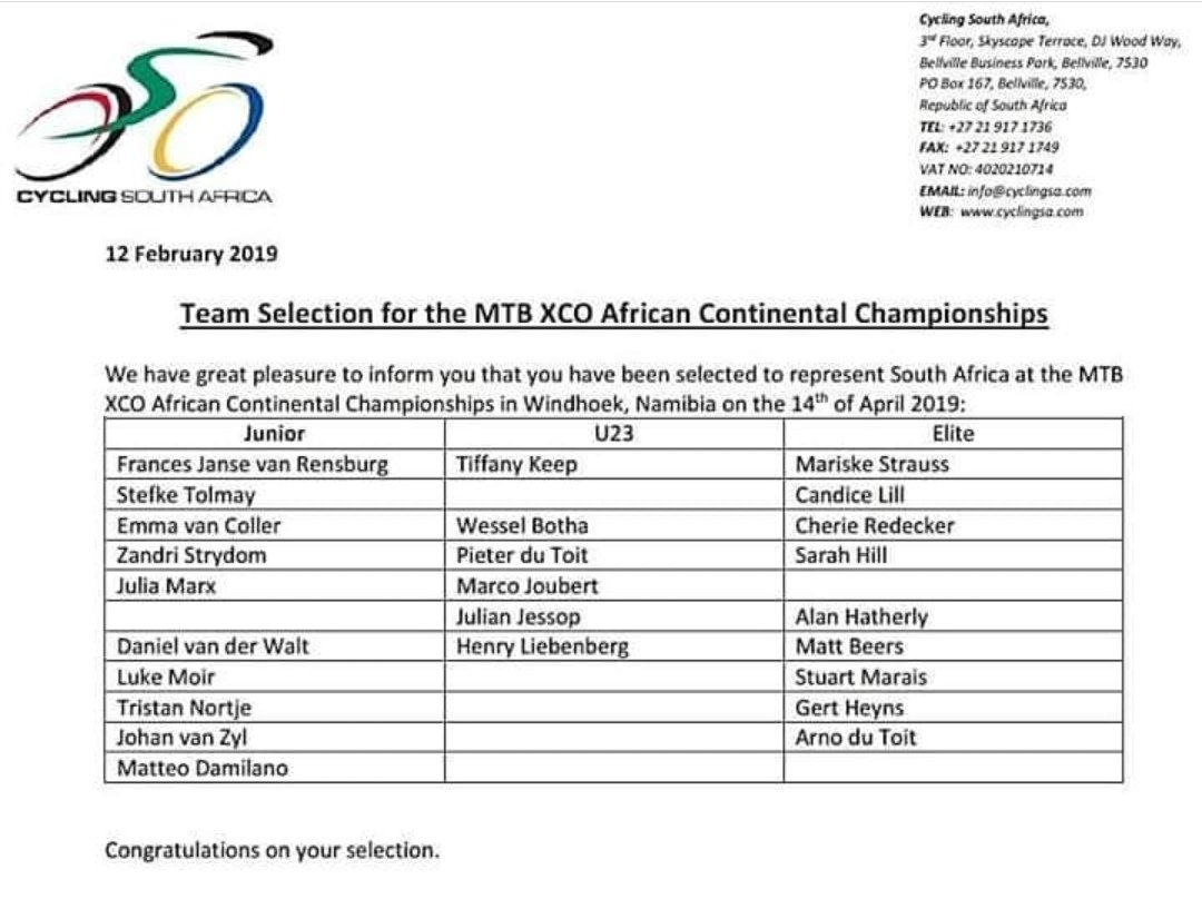 VCSportsLife's tweet photo. A great line up set out to represent @Cycling_SA in April.  @TiffanyKeep  a current #VCWST student, @arno_dutoit  #VCPTA alumni and @JulianJessop a former #VCDBN student. Best of luck to you all!
#VCSportsLife #VCCycling https://t.co/2kzrSCWvBY