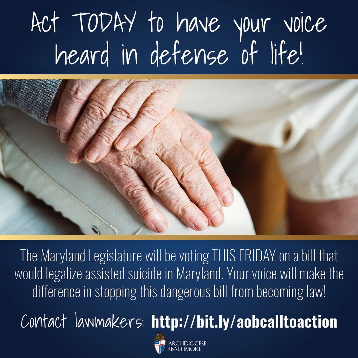 archbalt's tweet image. The MD Legislature will be voting THIS FRIDAY on a bill that would legalize assisted suicide. Act TODAY to defend all life! Your voice will make the difference in stopping this dangerous bill from becoming law! Contact lawmakers: bit.ly/aobcalltoaction #nopasmd #MDpolitics