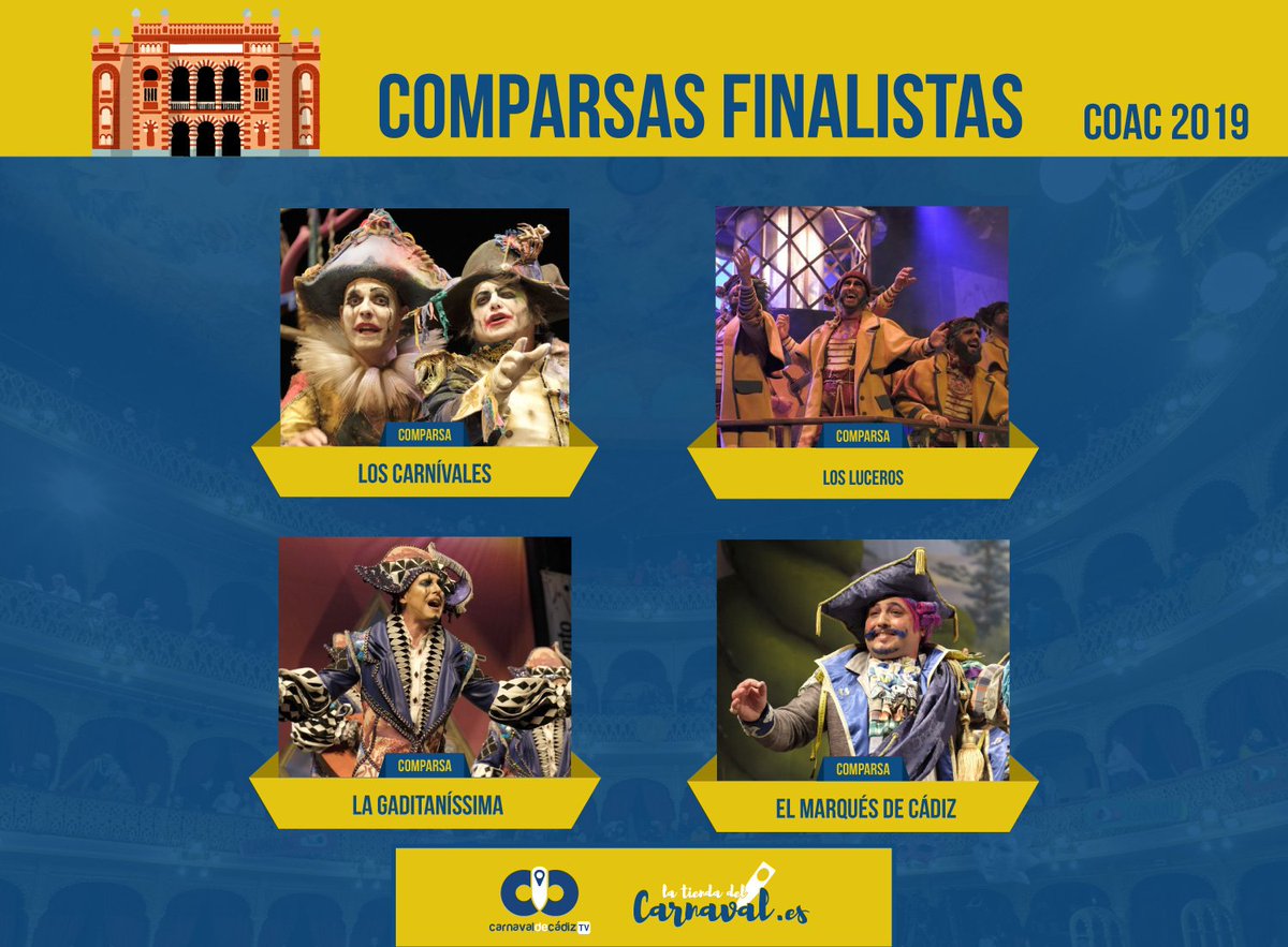 CarnavalCadizTV's tweet photo. Agrupaciones que pasan a la Gran Final del COAC 2019 #COAC2019S4 #COAC2019Final https://t.co/EGKJ2bsvPC