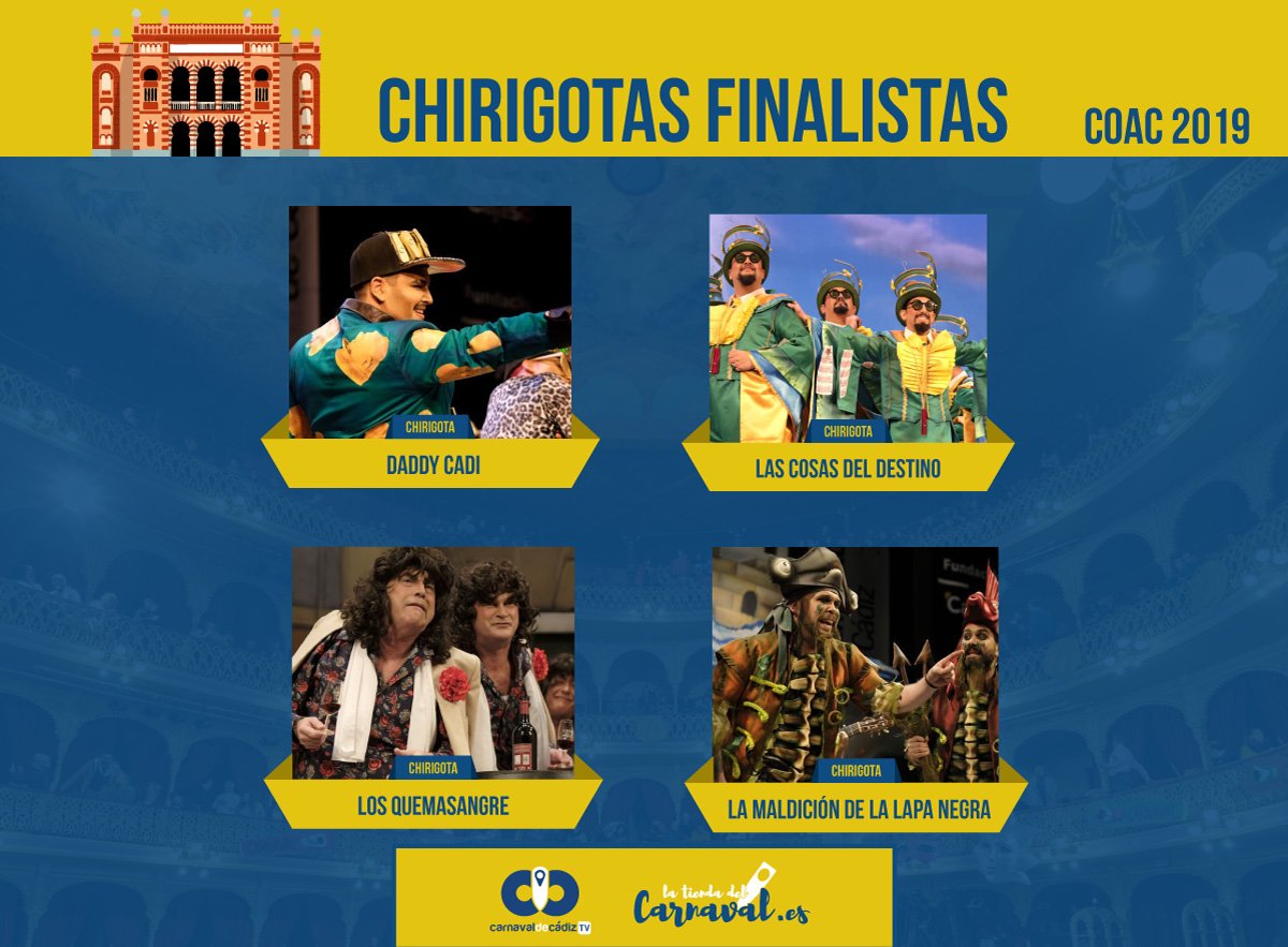 CarnavalCadizTV's tweet photo. Agrupaciones que pasan a la Gran Final del COAC 2019 #COAC2019S4 #COAC2019Final https://t.co/EGKJ2bsvPC