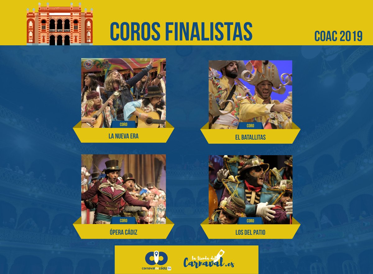 CarnavalCadizTV's tweet photo. Agrupaciones que pasan a la Gran Final del COAC 2019 #COAC2019S4 #COAC2019Final https://t.co/EGKJ2bsvPC
