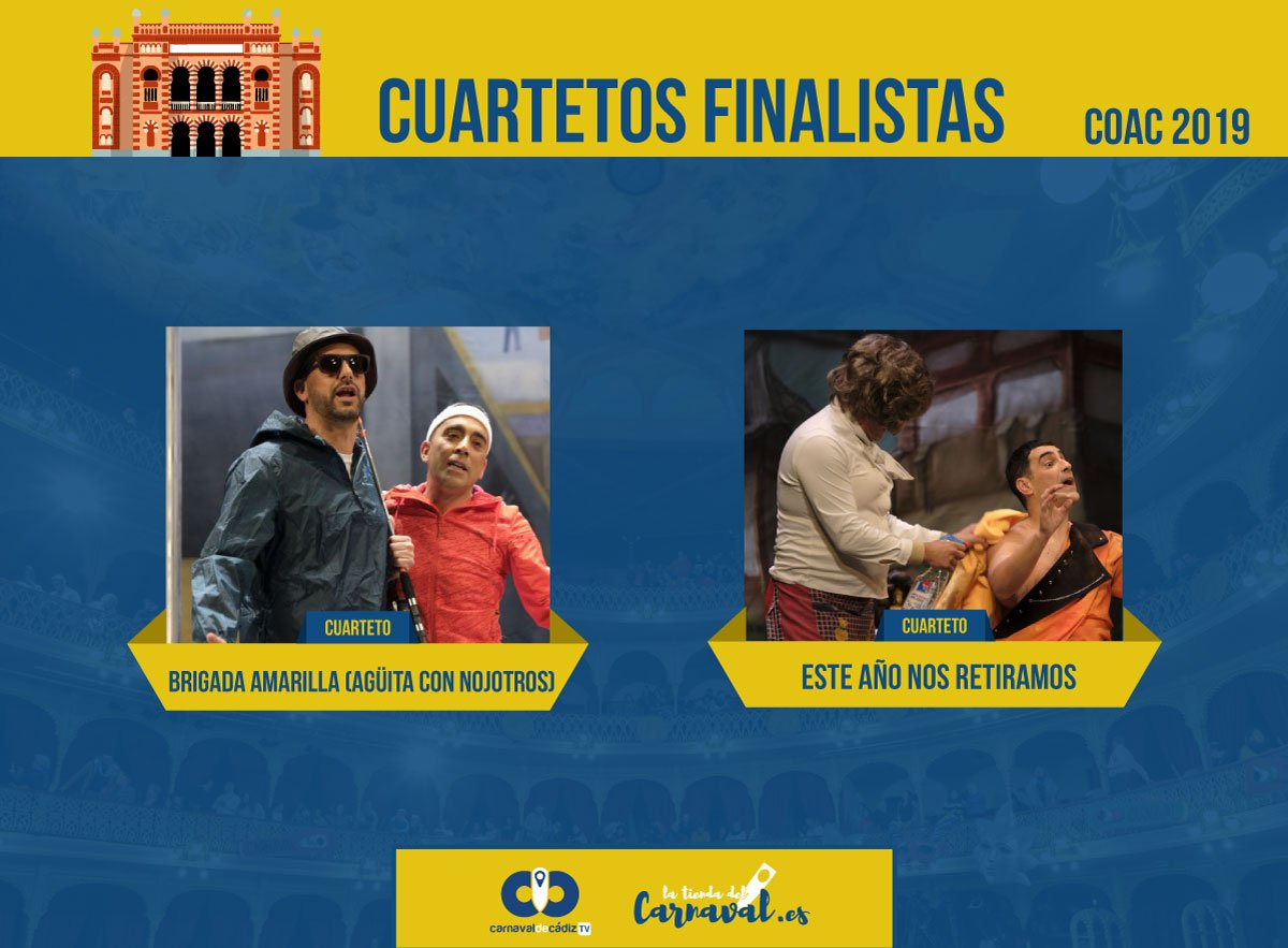CarnavalCadizTV's tweet photo. Agrupaciones que pasan a la Gran Final del COAC 2019 #COAC2019S4 #COAC2019Final https://t.co/EGKJ2bsvPC