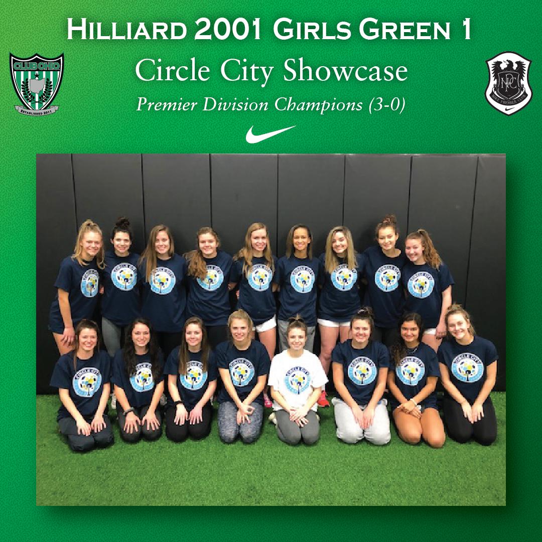 Congratulations to the 2001 Girls Green 1 team for being crowned Premier Division Champions at the Circle City Showcase in Indianapolis, going 3-0, and outscoring their opponents 10-3!